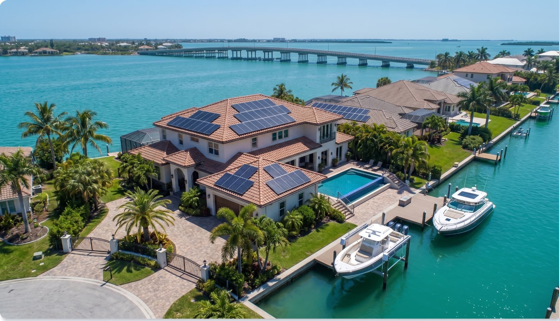 Solar panel cleaning service area — Tampa Bay waterfront homes with solar arrays flush-mounted on pitched tile roofs