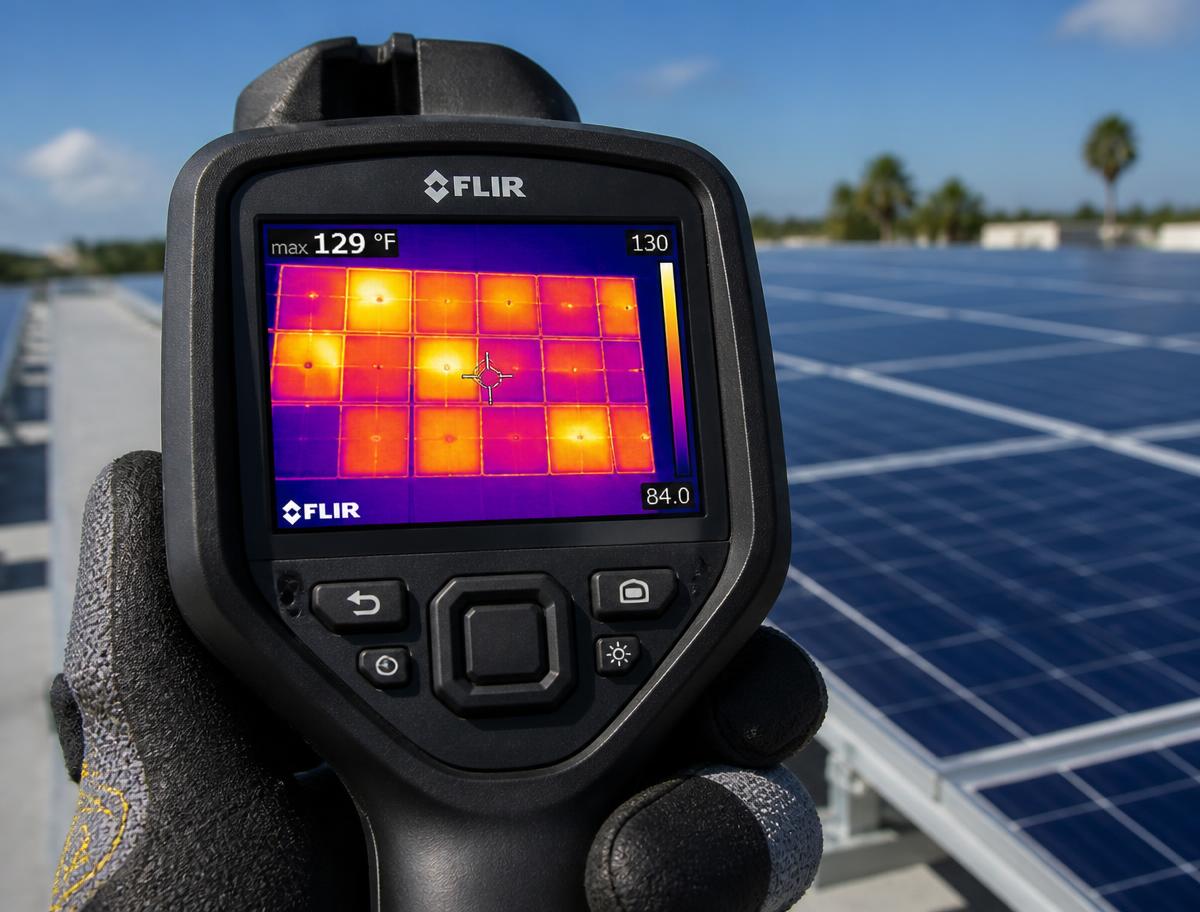 Gloved technician holding a handheld thermal imaging camera showing an infrared map of solar cells with hot spots